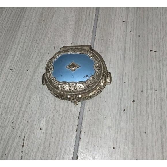 Antique Mini Trinket Jewelry Box Beautiful Deep Blue Silver Tone Oval Lined - Picture 2 of 7